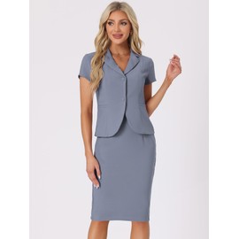 Allegra K Women's Business 2 Piece Suit Set Short Sleeve Blazer Jacket Pencil Skirt Grey Blue Large