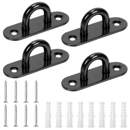 Swpeet 4Pcs M8 304 Stainless Steel Black Oval Pad Eye Plate Hook with Screws and Plastic Anchors Assortment Kit, Marine Hardware Hooks Ceiling U Hook Staple Ring Hook for Securing Hanging