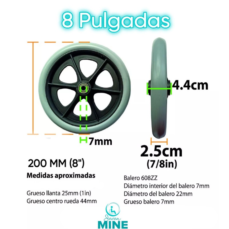 SEVEN MINE Par de Llantas Delanteras 8x1 Pulgadas (Refacción) W8G