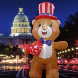 Patriotic Inflatables Independence Day 4th of July Bear Holds Heart Blow Up Holidays Party Front Door Garden Yard Lawn Decor Lighted Decoration (5Ft Bear Hold Heart)