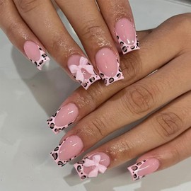 24Pcs French Tip Press on Nails Short with Pink Leopard Print Bow Designs,Pink French Nails Cute Bow Press ons Stick on Nails Short Square Shape Acrylic Nails Cute Finger Manicure Decor for Women