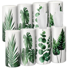 Zonon 8 Pcs Greenery Car Tissue Cylinder with 3-ply Facial Tissue Bulk Round Tissues Holder Box Travel Tissue Cylinders Tubes for Car with 50 Sheets for Car Cup Holder Round Container