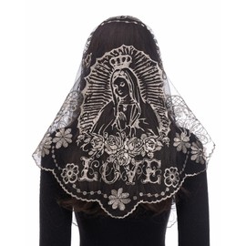 Bozidol Mantilla Triangular Embroidered Virgin Mary Sunflower Veil - Black Gold - Catholic Veil for Women Mass, Weddings, Religious Ceremonies, and Festivals