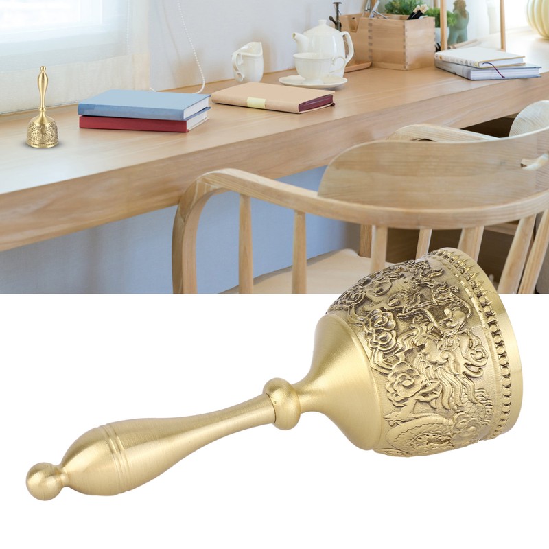 Hand Call Bell 4.7in Long Pure Brass Exquisite Carved Pattern