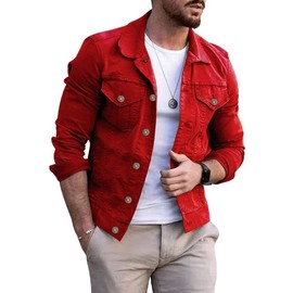 CHARTOU Men's Denim Jacket Casual Regular Fit Button Down Long Sleeve Jean Trucker Jacket (X-Large, Red)