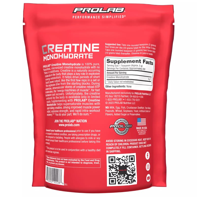 PROLAB Creatine Monohydrate 1000g, Best Micronized Creatine Powder, Strength