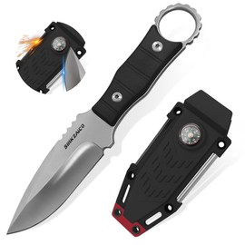 Sinkzaico SK3 Fixed Blade Knife with Sharpening Rod, Fire Starter Ferro Rod, Compass Camping Fixed Blade Small EDC Knives for Hunting,Hiking,Fishing(Black)