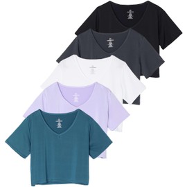 5 Pack Set Womens Short Sleeve Crop Tops Workout Top Tees T Shirts Dry Fit V Neck Summer Running Gym Yoga Active Cropped