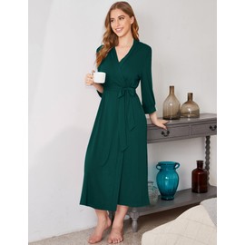 Ekouaer Dressing Gown for Women 3/4 Sleeve Kimono Casual Robe Sauna Gown Soft Lightweight Long Loungewear V-Neck Dressing Gown S-XXL, Lake Green, L