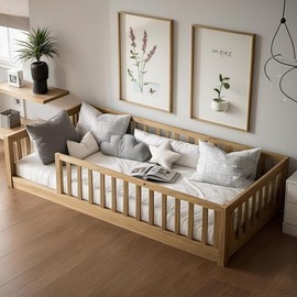 PVWIIK Twin Size Montessori Toddler Floor Bed with Wood Slats for Girls and Boys, Wood Montessori Bed Frame with Safety Guardrails, No Box Spring Needed, Natural
