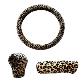 Riloer Steering Wheel Cover for Women Girls, Leopard Winter Warm Fluffy Vehicle Wheel Protector for Auto, SUV, Universal Fit Fur Car Wheel Cover & Handbrake Cover & Gear Shift Cover Set