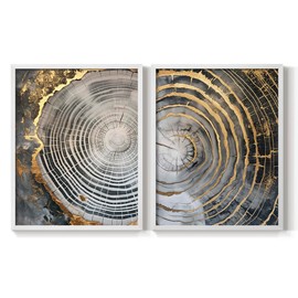Renditions Gallery Set of 2 Peel & Stick Framed Prints, Abstract Wall Art, Black Gold Ring Wood Wall Decor, Re-Stickable - Ready to Hang - 8"x10" - White Frame LT592