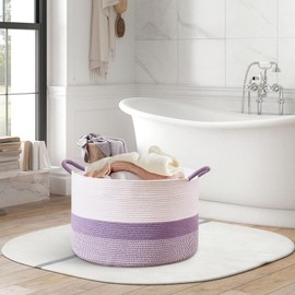 CLHMILY&Z Large Rope Basket - 20x13 Inches - Blanket Hamper for Living Room, Woven Storage Bine, XLarge Laundry Organizer for Clothes, for Tree Plant, Lavender