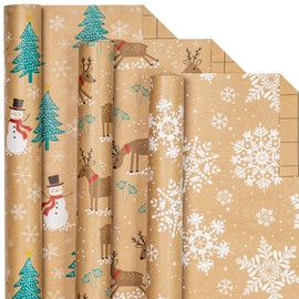 LeZakaa Christmas Kraft Wrapping Paper - Mini Roll - Reindeer/Snowman and Tree House/Snowflake Print for Gift Wrap, Arts Crafts - 17 x 120 inches - 3 Rolls (42.5 sq.ft.ttl.)