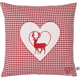 Pine Cushion Embroidered with Deer and Heart Red Checked Size 40 x 40 cm Filled with Pine Flakes Made of Pine Wood in Extra Ticking