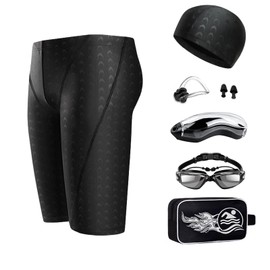 7 en 1 Traje de Baño Hombre Bañador Corto de natación Conjunto con bañador de secado rápido,gorra,gafas antivaho,estuche para gafas, bolsa de natación,tapones para los oídos y clip para la nariz (3XL)