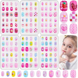 144 Pcs Kids Fake Nails Set, Thrilez 6 Pack Press on Nail Pre-glue Artificial False Acrylic Nails Set for Little Girl Children Toddlers