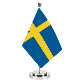 Sweden Miniature Desk Flag Set,8x5 Inch Swedish Small Flag With 12 Inch Bright Silver Flagpole, Deluxe Decorations For House Office Meeting Table