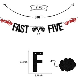 Fast Five Banner,Race Car Theme Party Decorations,Happy 5th/Five Years Old Birthday Decor for Boys,Race Fans Let's Go Racing Supplies Black Red Glitter