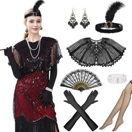1920s Flapper Accessories Set, 8PCS Sequin Shawl Wraps Headband Pearl Earrings Necklace Gloves for Women (Style B, One Size)