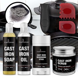 Culina Cast Iron Seasoning Stick Soap Oil Conditioner Restoring Scrub Stainless Scrubber handle and Scraper | All Natural Ingredients | Cast Iron Cookware colors may vary