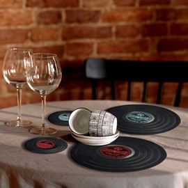 MEDOYOH Set of 4 Record Placemats and Coasters, Round Vinyl Placemats Table Mats Set Round Coasters Set Washable Heat Resistant Anti-slip Food Grade for Kitchen Restaurant Home Decor