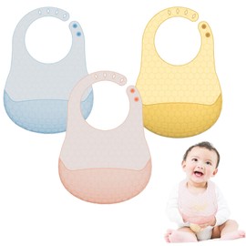 Swanote Baberos de silicona súper suaves y duraderos, lindos baberos de silicona para bebés, juego de 3 (6-72 meses), impermeables, adecuados para niños y niñas (azul/rosa/amarillo)