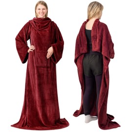 Premium Fleece Blanket with Sleeves by Pavilia | Warm, Cozy, Extra Soft, Functional, Lightweight (Wine)