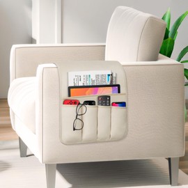 WETRBWEH Remote Control Holder for Armchair Caddy，Couch Caddy Organizer TV Remote Holder for Bed Storage 5 Pockets，Remote Caddy Bedside Organizer Bedside Table Organizer (Beige, 35"x12.4")