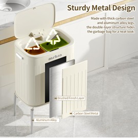 MRBIN Metal Kitchen Trash Can with Wheel Legs, 36L / 9.5gal Medium Press Lid Slim Waste Basket, Pet Proof Tall Narrow Garbage Pail for Vanity, Bedroom, Bathroom, Living Room, Sunflower