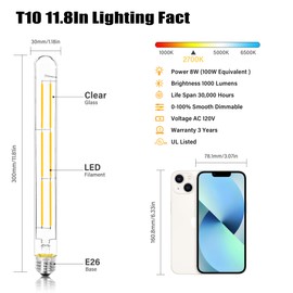 NOVELUX 11.8IN T10 Light Bulbs E26 Base, 1000LM 2700K Soft White Edison Bulbs Dimmable, AC 120V 100 Watt Equivalent Filament Bulb, Vintage Clear Glass Long Tubular LED Light Bulb, UL Listed 2 Pack
