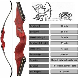 Monsour Archery 60" Recurve Bow and Arrows Set for Adults Right Hand Longbow kit Wooden Competition Hunting Shooting Training Outdoor Practice 30-60lb (40lb)