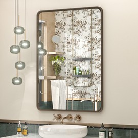 OKPAL 20x28 Bronze Bathroom Mirror, Brushed Metal Bathroom Vanity Mirrors for Wall, Rounded Rectangle Bronze Frame Mirror for Farmhouse, Anti-Rust (Horizontal/Vertical)