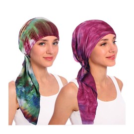 Urieo Tie Dye African Pre Tied Headscarf for Women Rose Red Head Scarfs Ponytail Beanies Head Wrap Set of 2