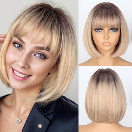 WERD Blonde Bob Wig with Bangs Short Dirty Blonde Wigs for Women Heat-Resistant Synthetic Ombre Blonde Short Wig for Cosplay Daily Use