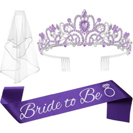 JETKONG 3 Pcs Bachelorette Party Decorations Bridal Shower Crown, Bride to Be Sash&Veil for Women Bachelorette Party Gifts, Bachelorette Party Supplies, Gifts, Favors (Purple)
