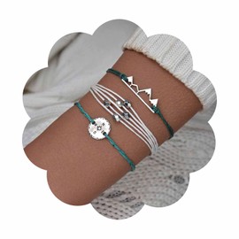 Iaceble Boho Layered Coin Wax Rope Bracelet Braided Mountain Bracelet Blue Wax Bracelets Compass String Bracelet Bead Waxed Cord Bracelet Open Mountain Disc Bracelet Jewelry Set for Women