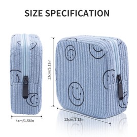 Teircno Sanitary Napkin Storage Bag,Preppy Corduroy Period Bag for School Teen Girls, Cute Smiley Face,Portable Period Pouch with Zipper, Sanitary Pads Bag Tampons Holder for Purse, First Period