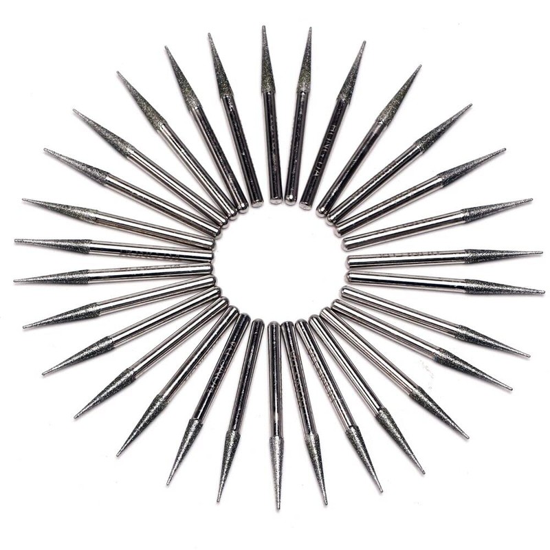 JINGLING 30Pcs 3.2mm Tapered Point Diamond Grinding Bit 1/8" Cone
