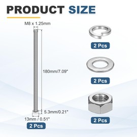MECCANIXITY M8 x 180mm 304 Stainless Steel Hex Head Screws Bolts, Nuts, Flat & Lock Washers Assortment Kit, Fully Threaded, Bright Finish for Home, Electronic, Machine, 2 Sets