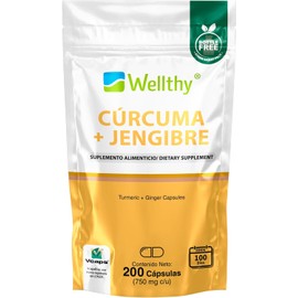 Wellthy Cúrcuma y Jengibre 200 Cápsulas. Cúrcuma 750mg, Jengibre 750mg, 100 días de consumo por envase, VCaps Cápsulas Veganas, Bottle Free