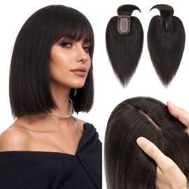 Hairro Human Hair Toppers with Bangs, 3D 360° Cover with 2.8"x5.1" Base, Clips in 100% Real Hairpieces for Women, for Covering Thinning Greyish Hair on Top, 10 Inch Gentle Black