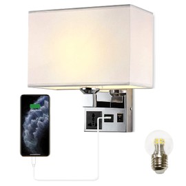 Moon rural Bedside Wall Mount Light with USB, LED Reading Swing Arm Fabric Shade Wall Sconce, Hardwired Wall Lamp for Bedroom, Living Room Hotel (Chrome)