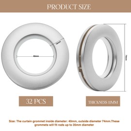 Knpwer Pack of 32 Curtain Eyelet Rings, Curtain Rings, Fabric Eyelets, Round Plastic Rings Clips, Inner Diameter 40 mm, DIY Rings for Window Curtain, Shower Curtain (Matte Silver)