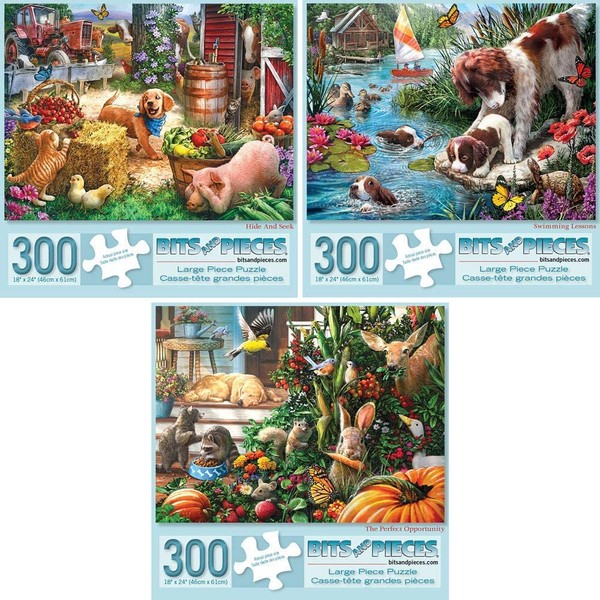 Bits and Pieces - Value Set of Three (3) 300 Piece Jigsaw Puzzles for Adults - Puppy Collection Large Piece Jigsaws by Artist Larry Jones - 18”x 24”