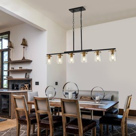 XvmBvm 6-Light Kitchen Island Lighting,Dining Room Lights Modern Farmhouse Chandelier with Clear Glass Shade,Modern Rustic Black and Gold Metal Chandelier, Kitchen Pendant Light Fixtures Over Table