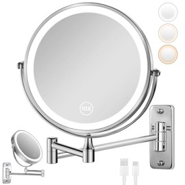 GALASALA Espejo con Luz Montado en Pared, Espejo de Maquillaje 8 Pulgadas con Aumento 10X/1X, Espejo de Tocador para Baño con Brazo Extensible, Rotaci