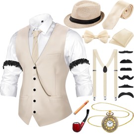 Neer 1920s Men Costume Accessories Outfit with Gangster Vest Hat Vintage Pocket Watch Bow Tie Suspenders Accessories(Large,Beige)