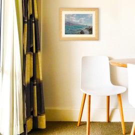 Brivoria Framed Canvas Wall Art Vintage Decor, Realistic Coastal Scene with Sailing Boats Rocky Coast and Blue Green Ocean Canvas Print with Mat for Entryway Living Room or Hallway Display 13x16