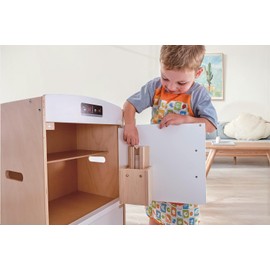 Hape Gourmet Kitchen Wooden Fridge | Cabinet Style Refrigerator Fridge Freezer with Ice Dispenser